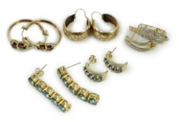 Four assorted modern pairs of 9ct gold and gem set earrings and one pair of yellow metal earrings,