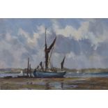 Andrew King R.O.I, (b. 956), oil on board, 'Thames Barge, Pin Mill', signed and dated '84, 22 x