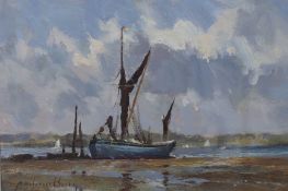 Andrew King R.O.I, (b. 956), oil on board, 'Thames Barge, Pin Mill', signed and dated '84, 22 x