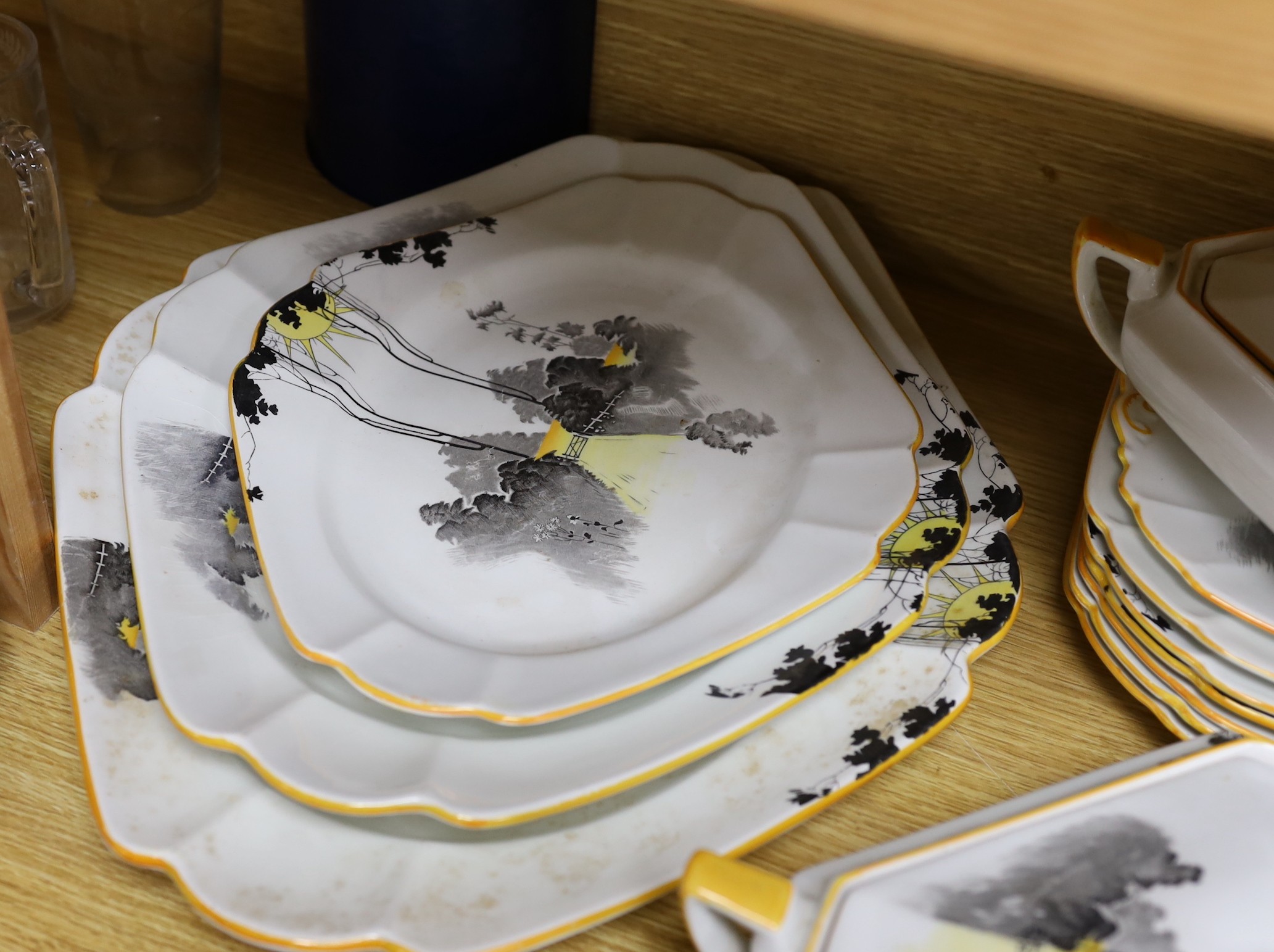 A 1930s Shelley Queen Anne shape Art Deco Sunshine and Tall Trees pattern tea and dinner wares, - Image 5 of 5