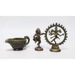 Two Indian bronze deity figures together with a Chinese carved spinach jade jug, tallest 11cm