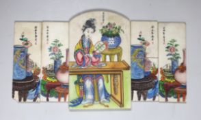 Six Chinese painted marble panels, largest 16 x 10cm