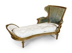A 19th century Louis XVI style giltwood chaise longue, with reeded ribbon tied rails, acanthus
