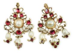 A pair of Indian yellow metal, cultured pearl and foil backed gem set cluster drop earrings, 43mm,