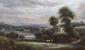 E. Thomas (c.1900), oil on canvas, Cattle drover in a landscape, signed, 29 x 50cm
