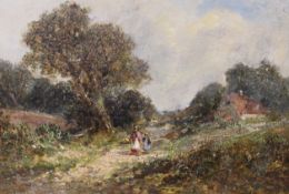 James Edwin Meadows (1828-1888), oil on canvas, Mother and child on a country lane, signed, 24 x