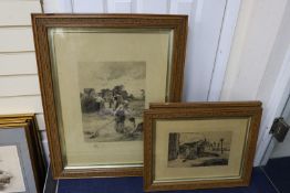 After Leon Lhermitte, etching, Haymaking, overall 60 x 43cm and two smaller prints after Yeend