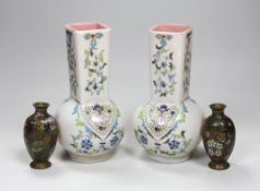 A small pair of Japanese cloisonne vases and a pair of French enamelled glass vases