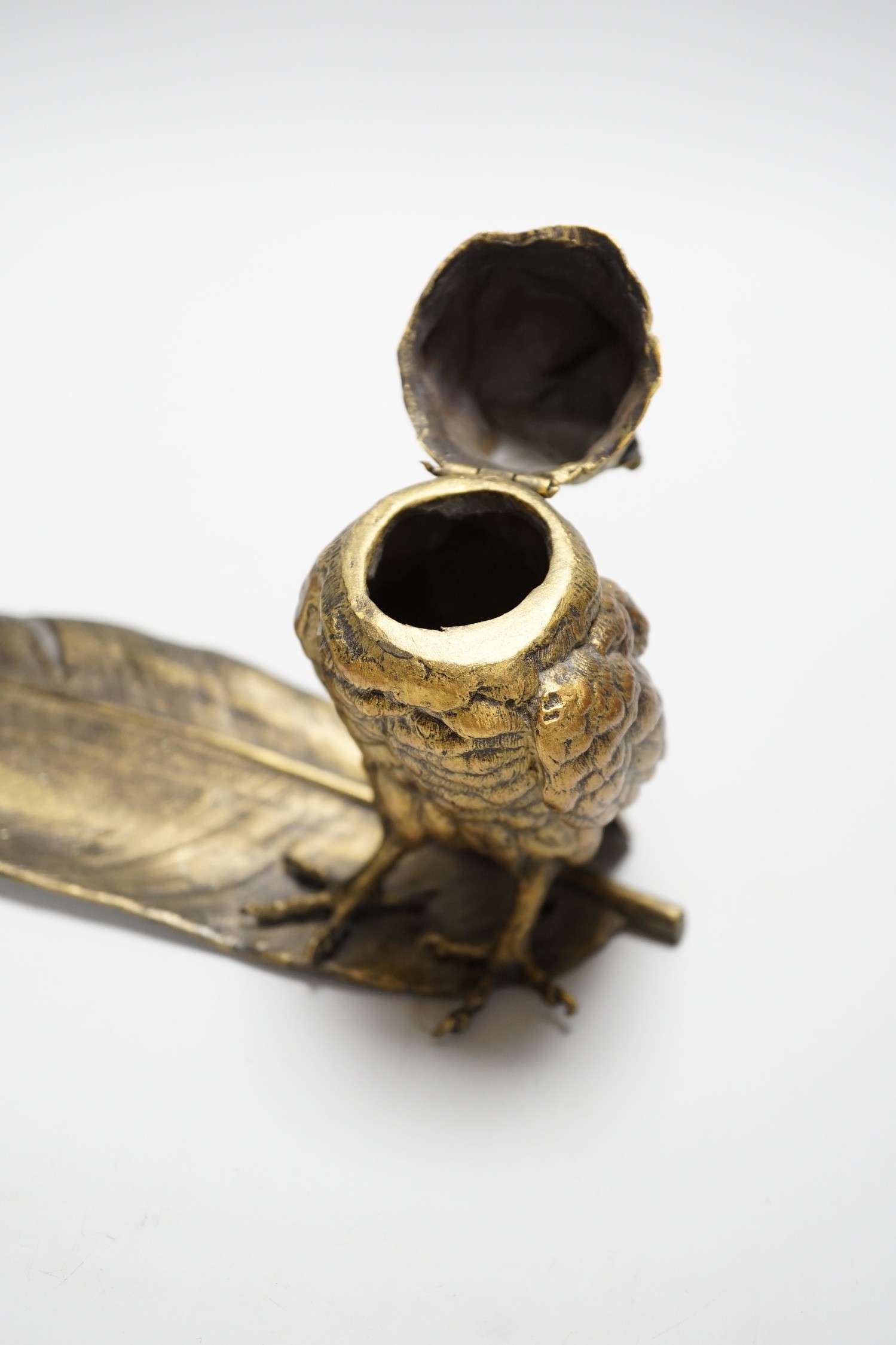 A bronze ‘owl and a feather’ inkwell with Bergman mark, 34cm long - Image 5 of 6