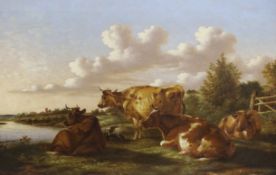 Follower of Thomas Sidney Cooper (1803-1902), oil on canvas, Cattle in a landscape, 28 x 43cm