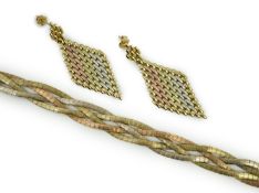 A modern three colour 9ct gold interwoven bracelet, 18.5cm and a pair of similar 9kt drop