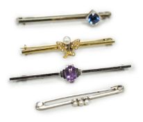 A 9ct white gold and synthetic? sapphire set bar brooch, 45mm and three other bar brooches including