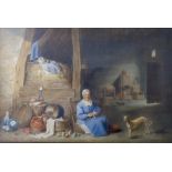 19th century Flemish School, watercolour, 17th century cottage interior with woman peeling an onion,