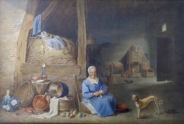 19th century Flemish School, watercolour, 17th century cottage interior with woman peeling an onion,