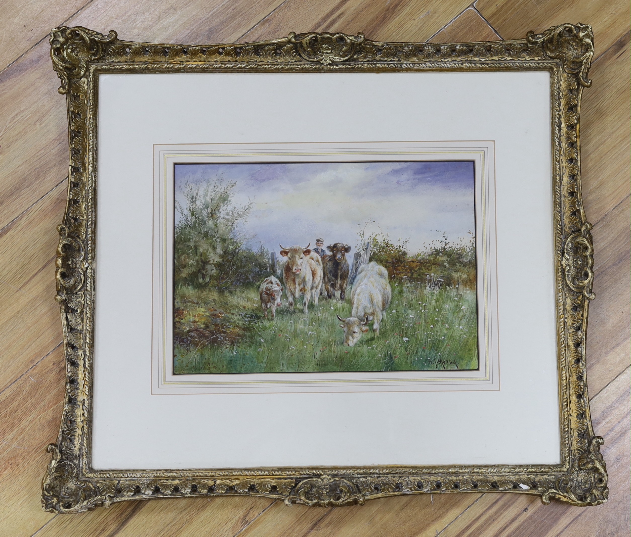 Walter J. Moreby (c.1900), watercolour, Cattle and drover, signed, 26 x 37cm - Image 2 of 2