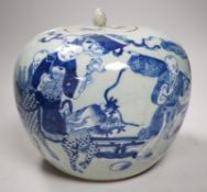 A Chinese underglaze blue and slip decorated celadon crackle glazed vase and associated cover,