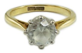 An 18ct, plat and single stone white zircon? set ring, size R, gross weight 4.8 grams.