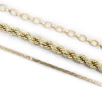 Two modern 9ct. gold bracelets, 19cm & 16.5cm and a 9ct gold necklace, 22.2 grams.