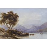Attributed to John Varley (1778-1842), watercolour, Lake scene, 14.5 x 22.5cm
