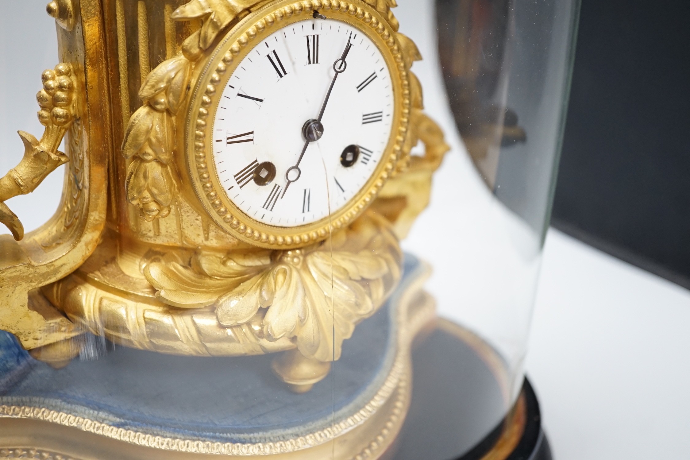 A French 19th century gilt metal clock by Phillipe H. Mourey on stand with glass dome, total - Image 3 of 9