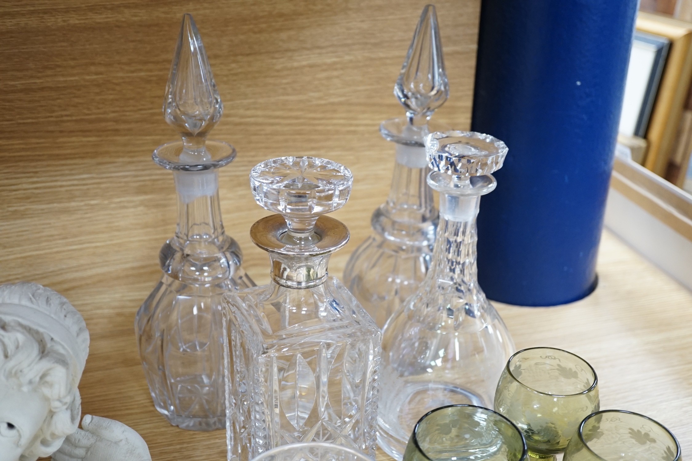 A pair of rummers, three glass decanters, a silver mounted decanter and nine etched green glass - Image 4 of 4