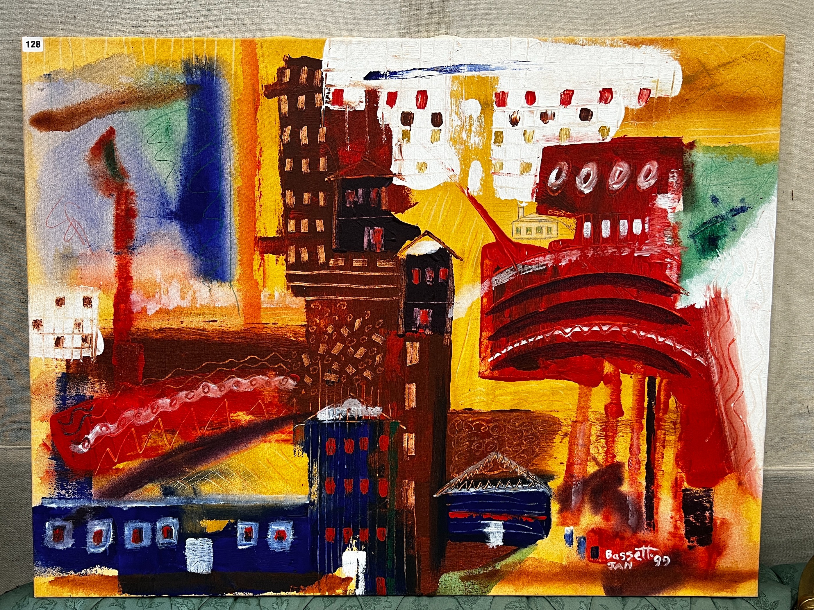 Bassett (modern British) - oil on canvas, Abstract city scene, 114 x 88cm