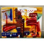 Bassett (modern British) - oil on canvas, Abstract city scene, 114 x 88cm