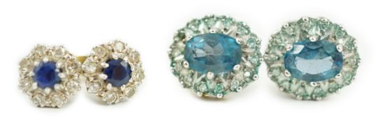 A modern pair of 18ct gold, sapphire and diamond cluster set ear studs, 8mm, gross weight 2.7