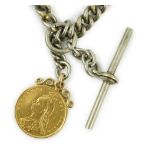 A Victorian 1887 gold half sovereign, on pendant mount and hung from a white metal albert.