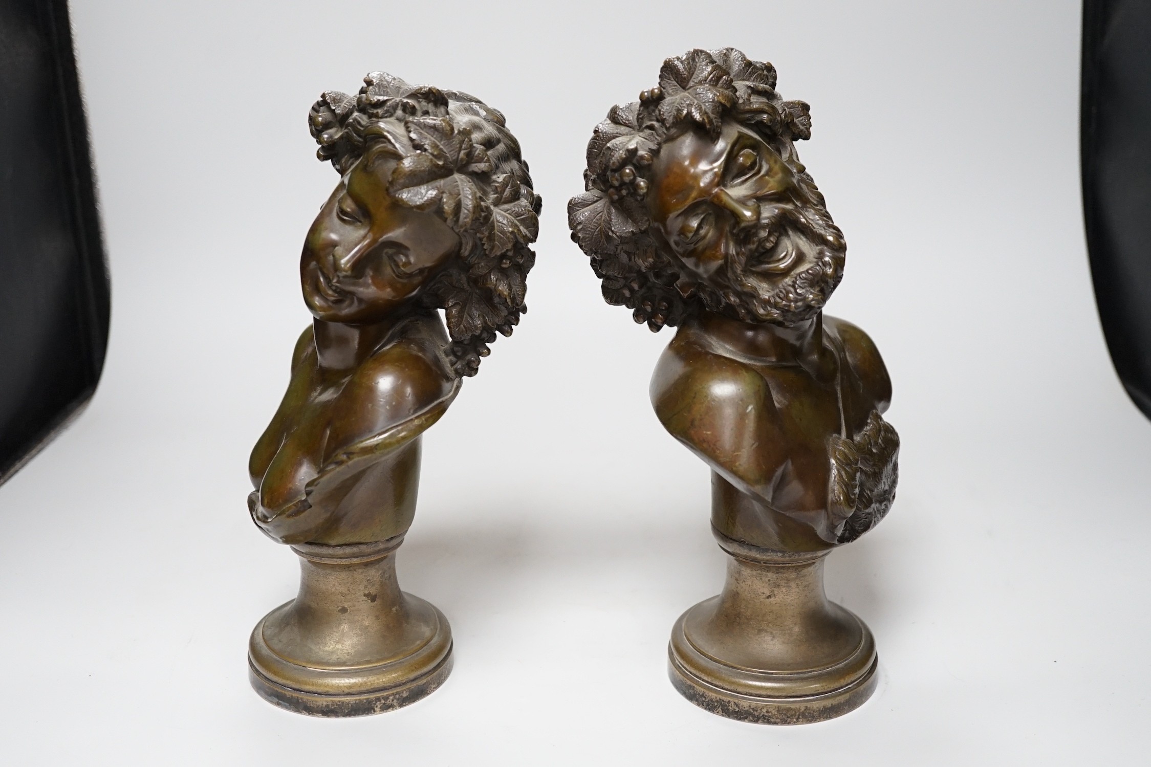 A pair of late 19th century French bronze Bacchic busts, on plated socles, 28cm - Image 2 of 3