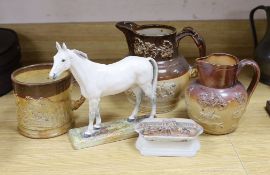 A Royal Doulton figure of a grey horse, HN2538, two stoneware jugs and a similar mug and a pot lid