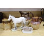 A Royal Doulton figure of a grey horse, HN2538, two stoneware jugs and a similar mug and a pot lid