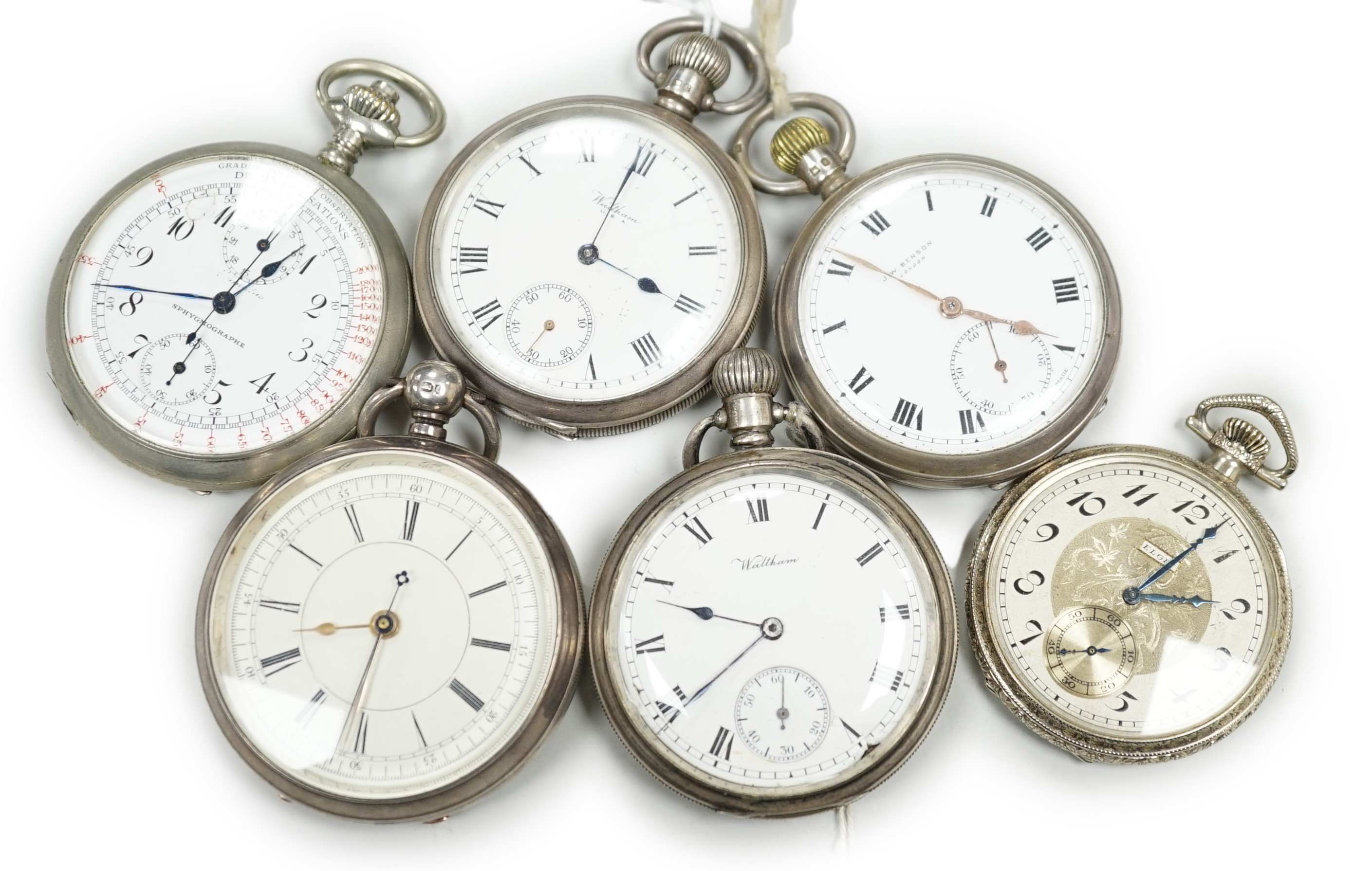 Four assorted silver open faced pocket watches including two Waltham and a J.W. Benson and two other