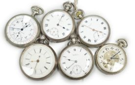 Four assorted silver open faced pocket watches including two Waltham and a J.W. Benson and two other