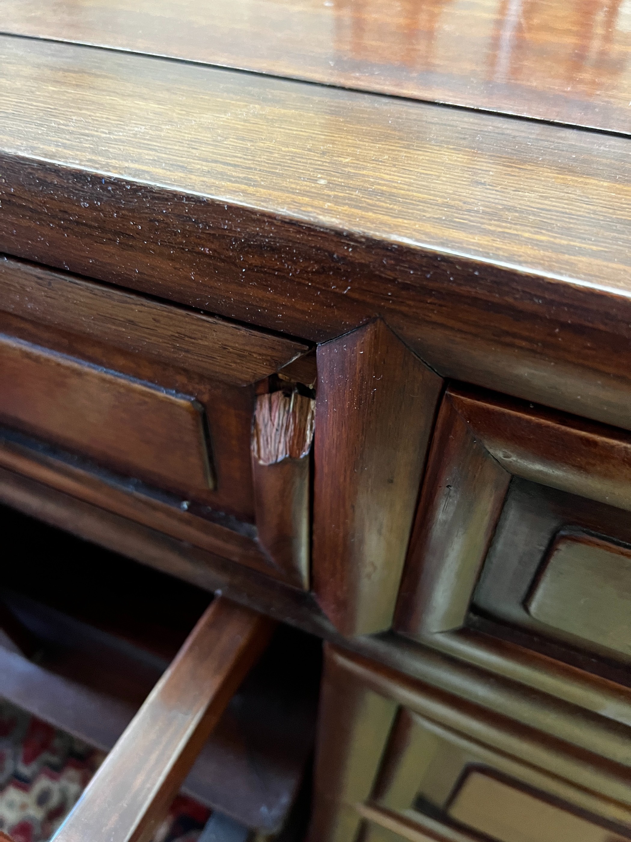 A Chinese hardwood kneehole desk, length 131cm, depth 65cm, height 83cm and elbow chair - Image 7 of 7