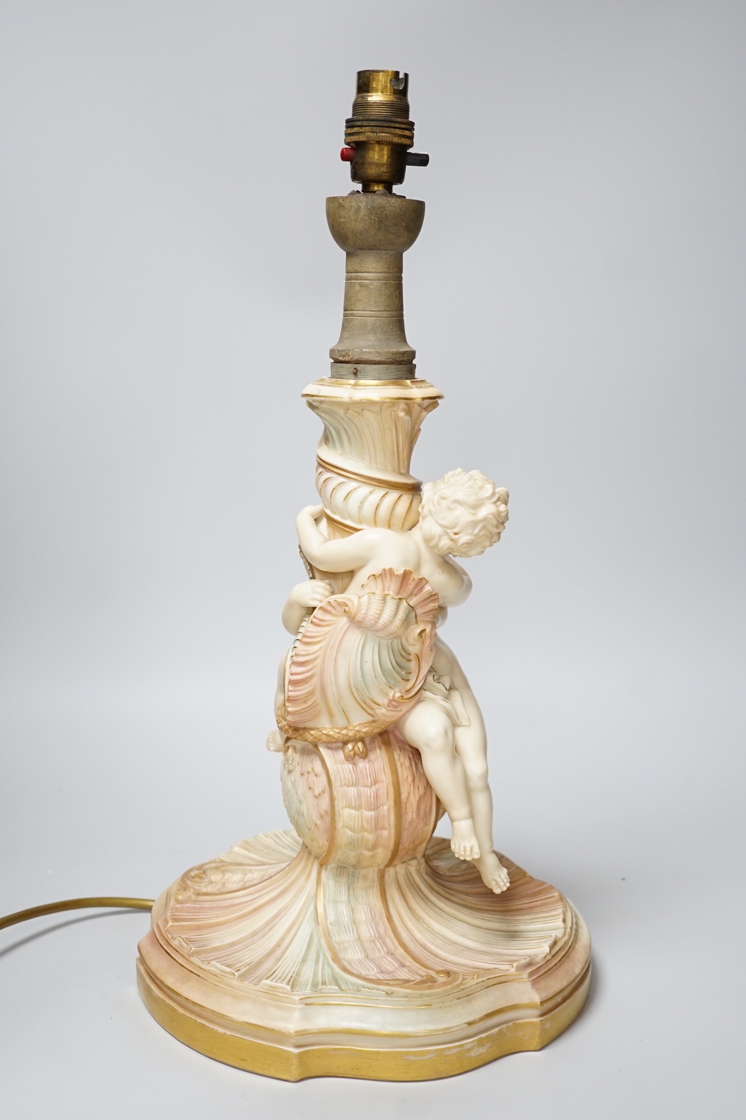 A large Royal Worcester blush ivory cherub lamp base, 40cms not including light fitting - Image 2 of 5