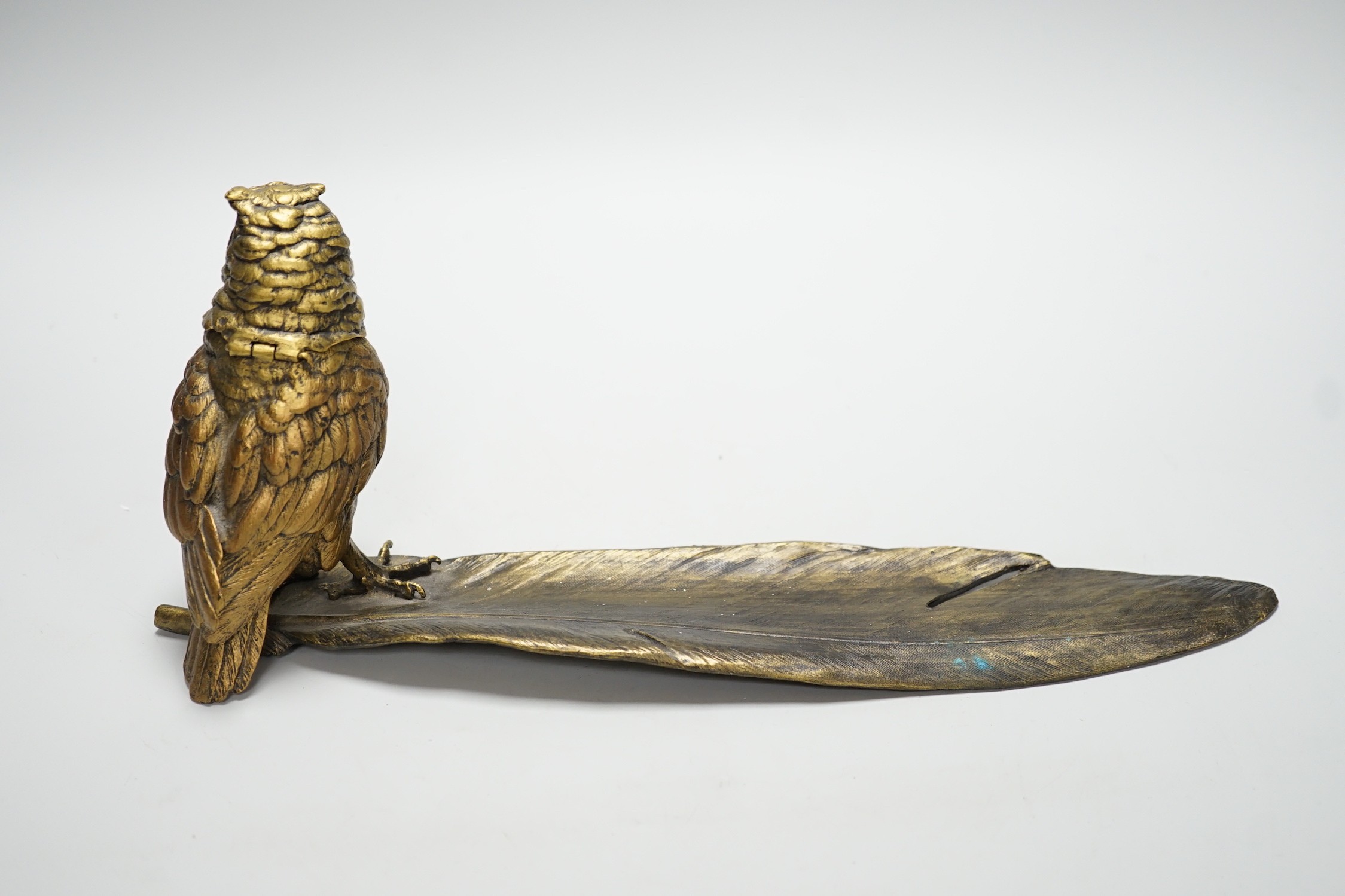 A bronze ‘owl and a feather’ inkwell with Bergman mark, 34cm long - Image 3 of 6
