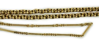 A yellow metal (stamped 56) chain, 40cm and a small yellow metal bracelet, 14cm, gross weight 10