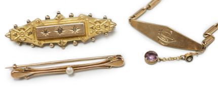 Two early 20th century yellow metal brooches including 9ct and diamond chip set and a seed pearl set