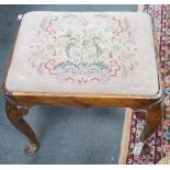 A Queen Anne revival walnut dressing stool, width 56cm, depth 45cm, height 48cm