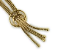 A modern 9ct gold quadruple strand tassel necklace, 56cm, 16.1 grams.