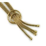 A modern 9ct gold quadruple strand tassel necklace, 56cm, 16.1 grams.