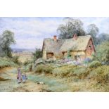 Circle of Henry John Sylvester Stannard, watercolour, Children and white cat beside a thatched