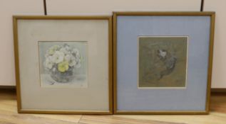 LA, two watercolour and pencil drawings, Study of fish and Pansies in a glass vase, monogrammed,