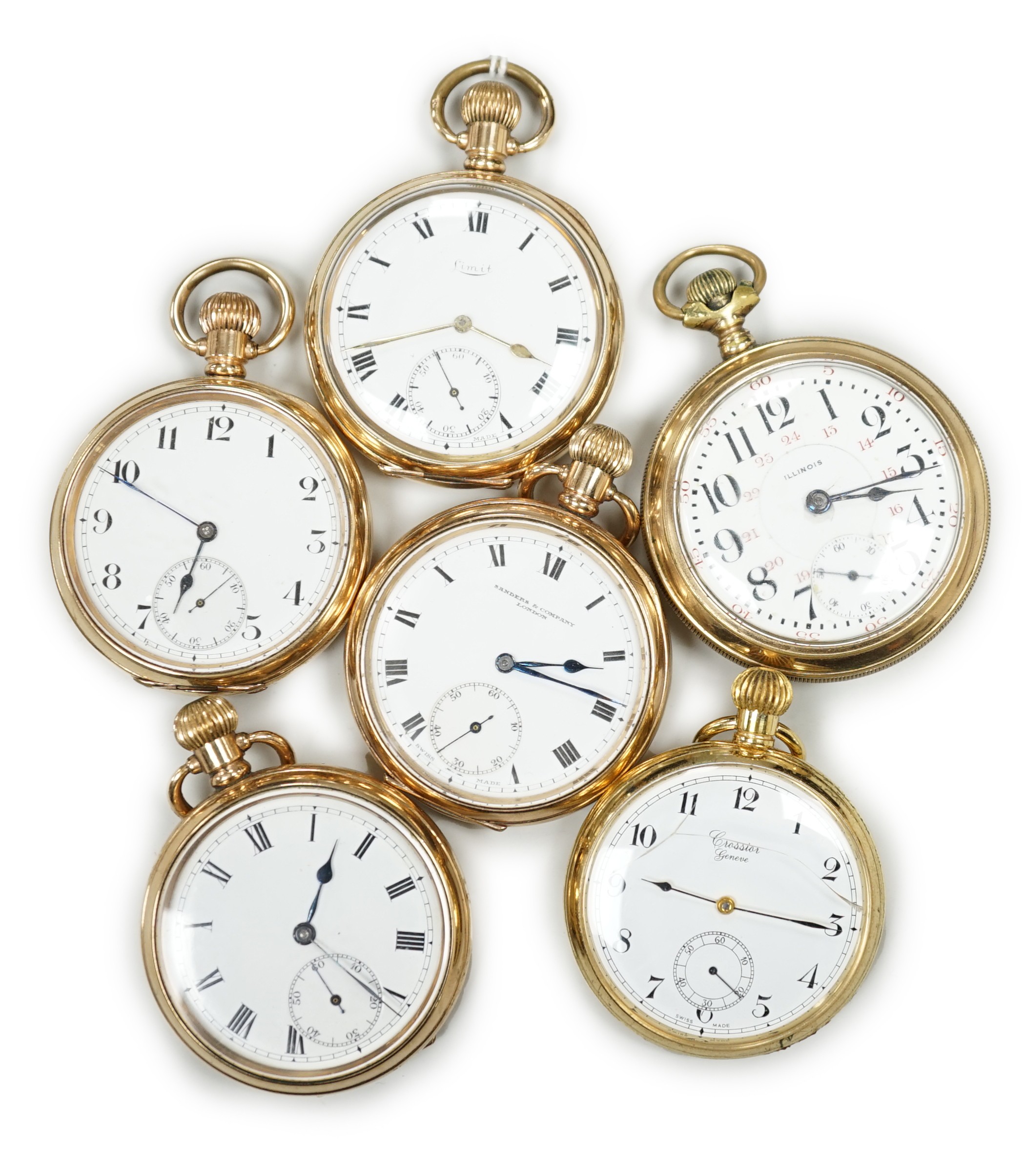 Six assorted gold plated open faces pocket watches, including Limit and Sanders Company.