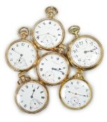 Six assorted gold plated open faces pocket watches, including Limit and Sanders Company.