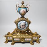 A Sevres style porcelain mounted ormolu mantel clock, 36cms high