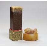 Two Chinese soapstone inscribed seals, 12cm