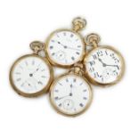 Three assorted gold plated Waltham open faced pocket watches and a similar Elgin pocket watch.