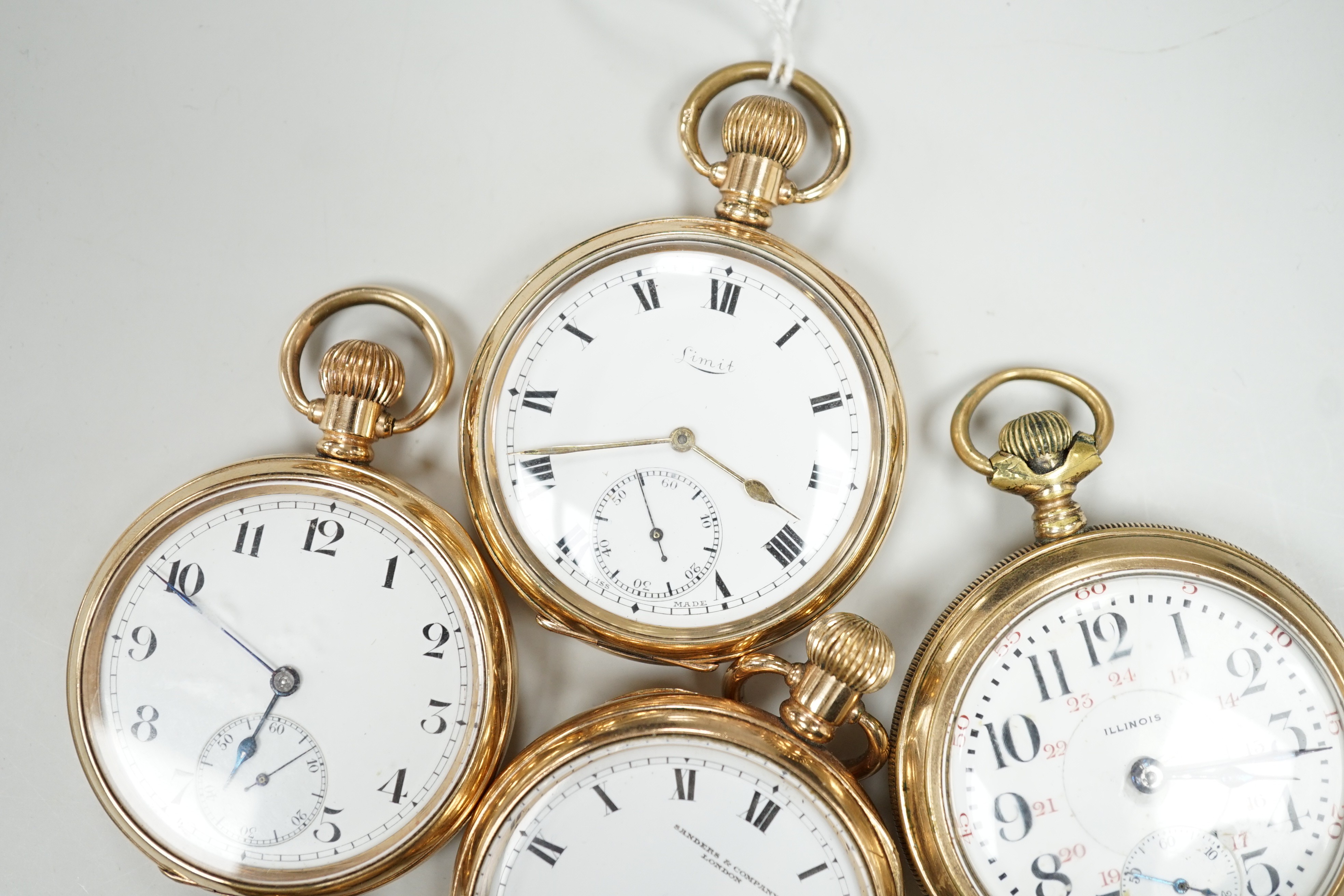 Six assorted gold plated open faces pocket watches, including Limit and Sanders Company. - Image 3 of 6